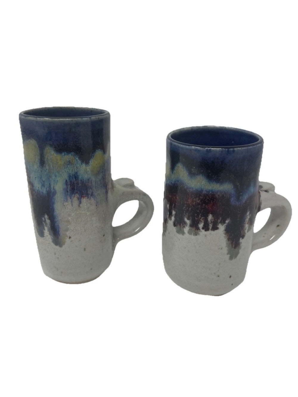 Handmade Studio Pottery Mug Set Blue Drip Glaze Stoneware Signed